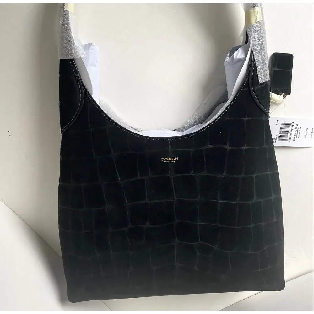 Coach Brooklyn 28 Black Croc-Embossed Suede Hobo Bag